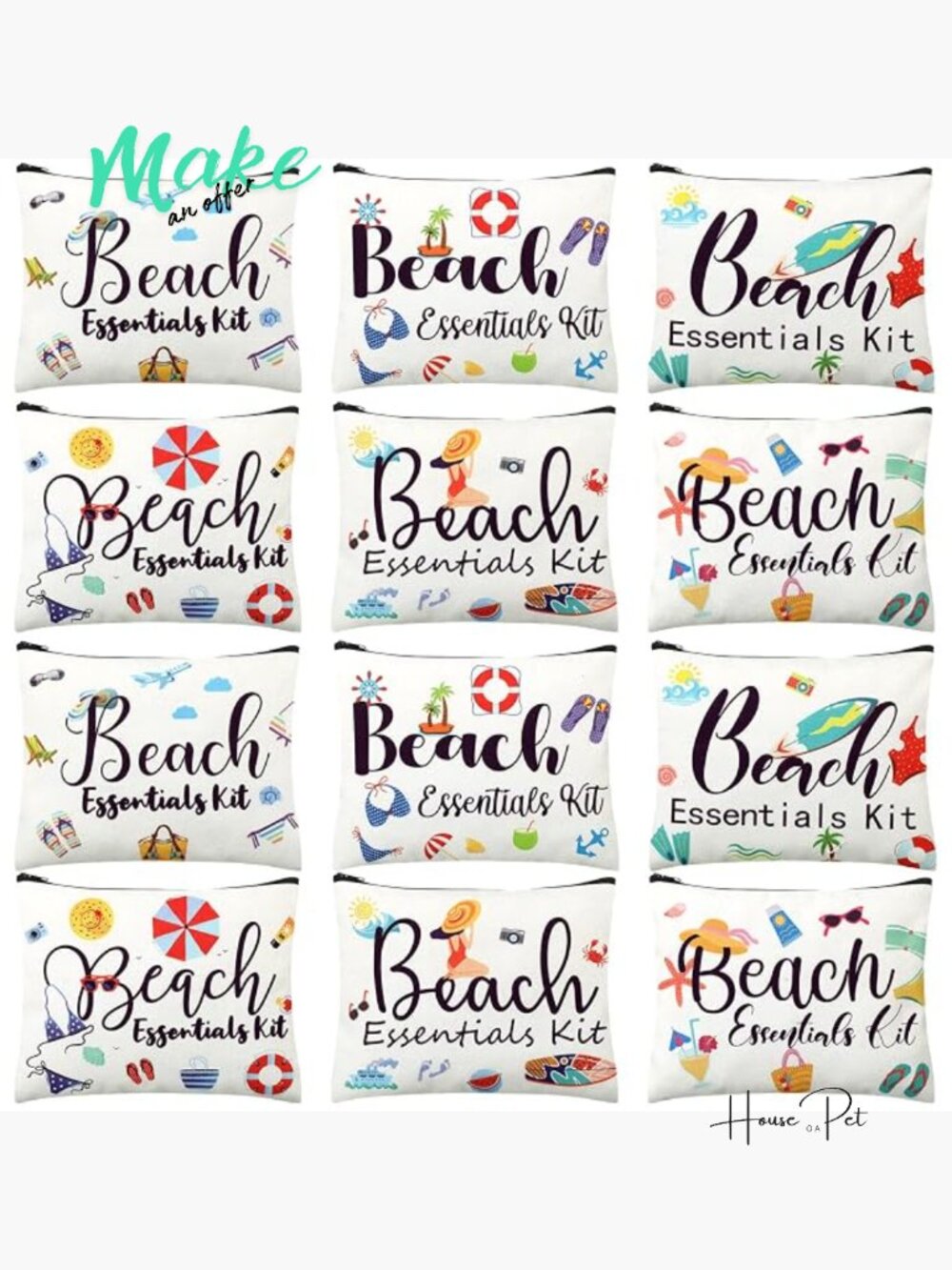 12 Canvas Makeup Bags Beach Essentials Kit Travel Cosmetic Pouch Set